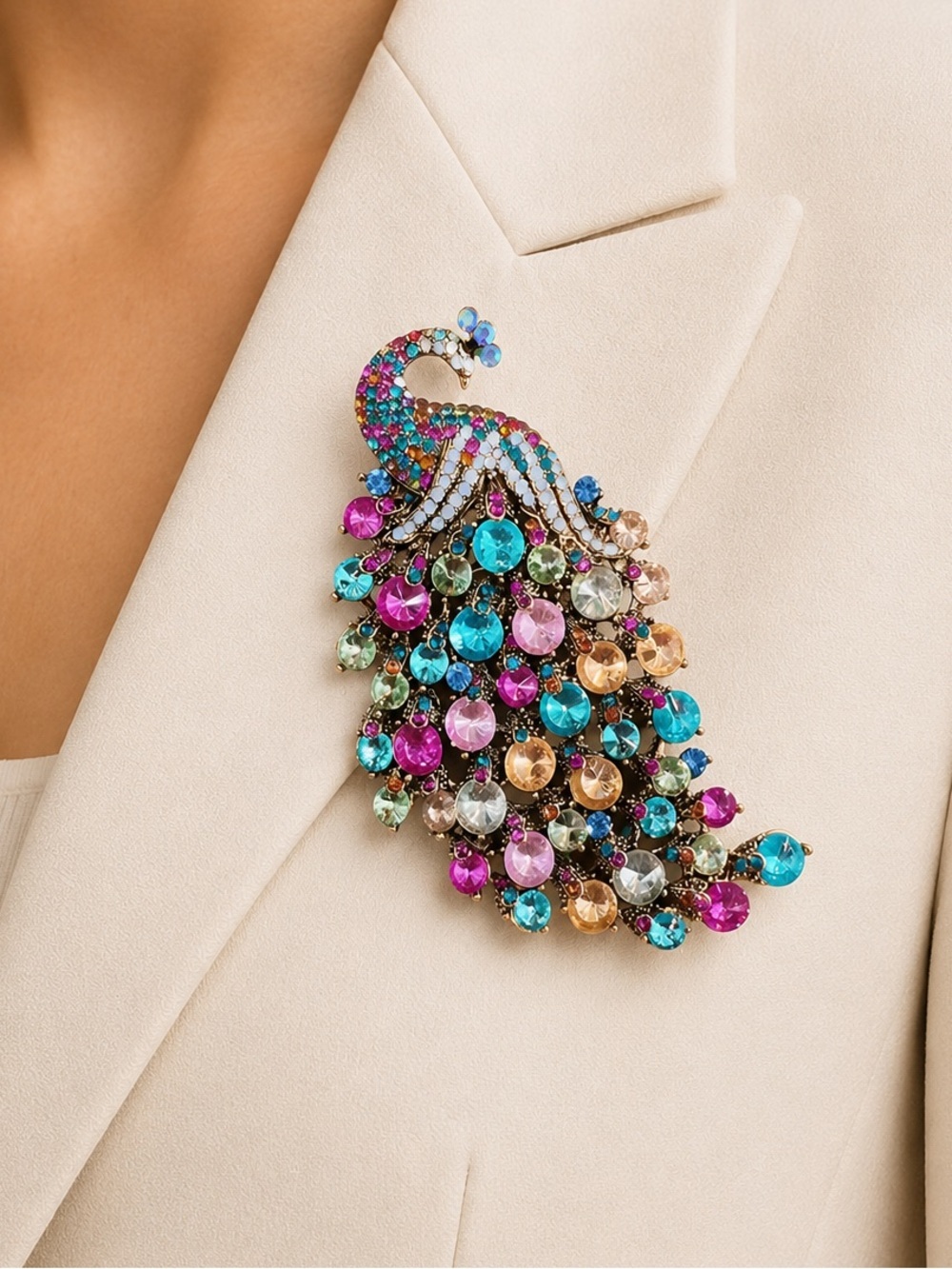 Multicolor Crystal Peacock Statement Brooch